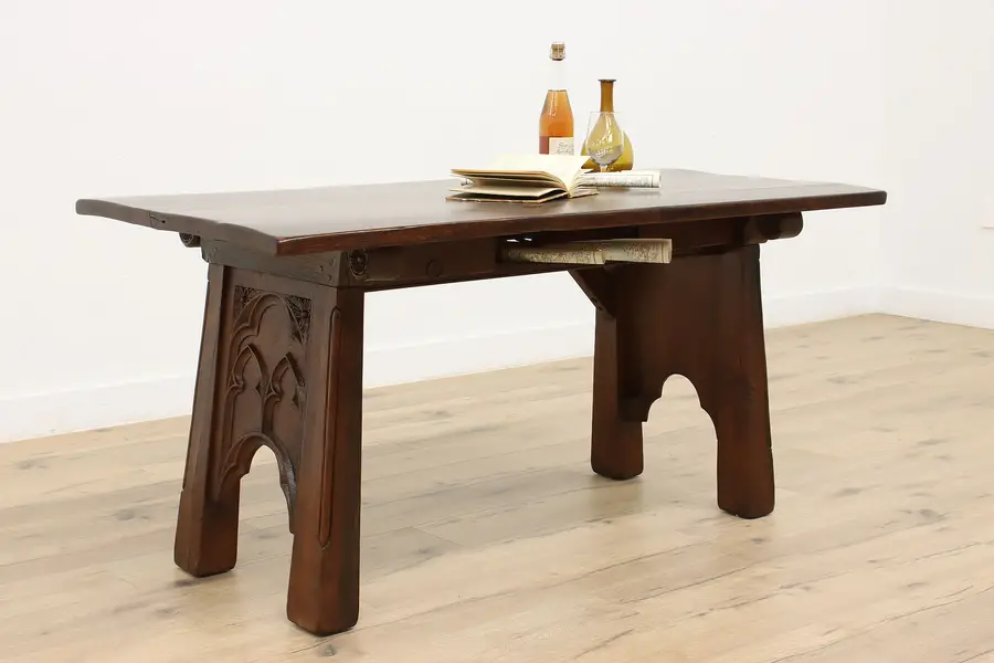 Photo of Gothic Dutch Antique Carved Oak Office Desk or Library Table