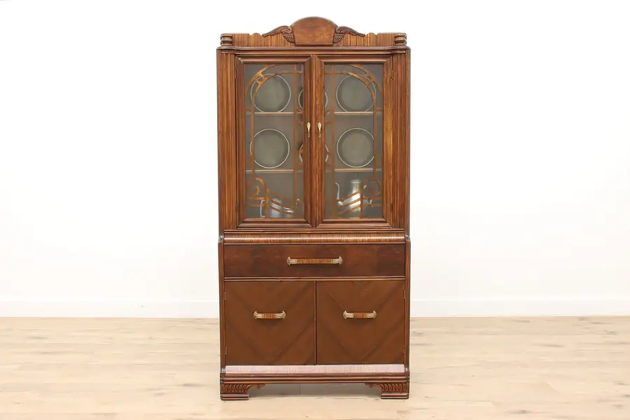 Photo of Art Deco Vintage Walnut Burl China Display, Curio Cabinet,or Bookcase
