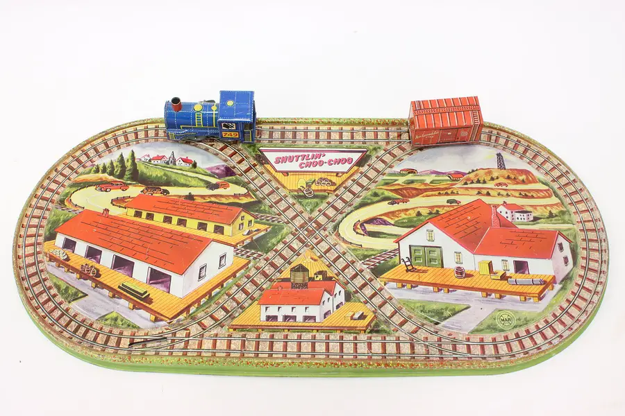Photo of Farmhouse Vintage Tin Toy Train Track, Wind Up Engine & Boxcar, Marx