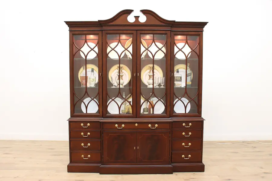 Photo of Georgian Vintage Mahogany Breakfront Bookcase or China Cabinet, Hickory