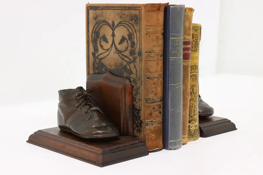 Photo of Pair of Vintage Bookends Bronzed Leather Baby Shoes