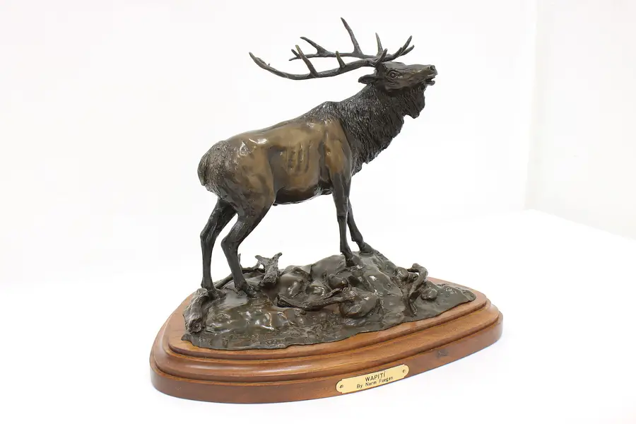 Photo of Bronze Elk Sculpture Vintage Bronze Statue on Walnut Base, Fuegen