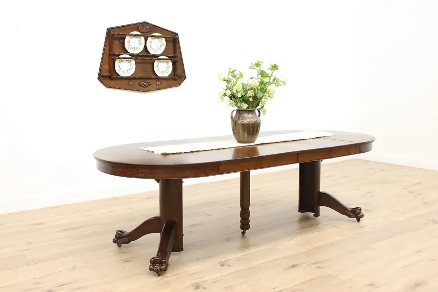 Photo of Victorian Antique Round Oak 45" Dining Table, Leaves, Extends 8' Paw Feet