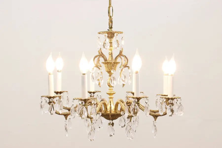Photo of Regency Design Vintage 8 Arm Brass Chandelier, Crystal Prisms