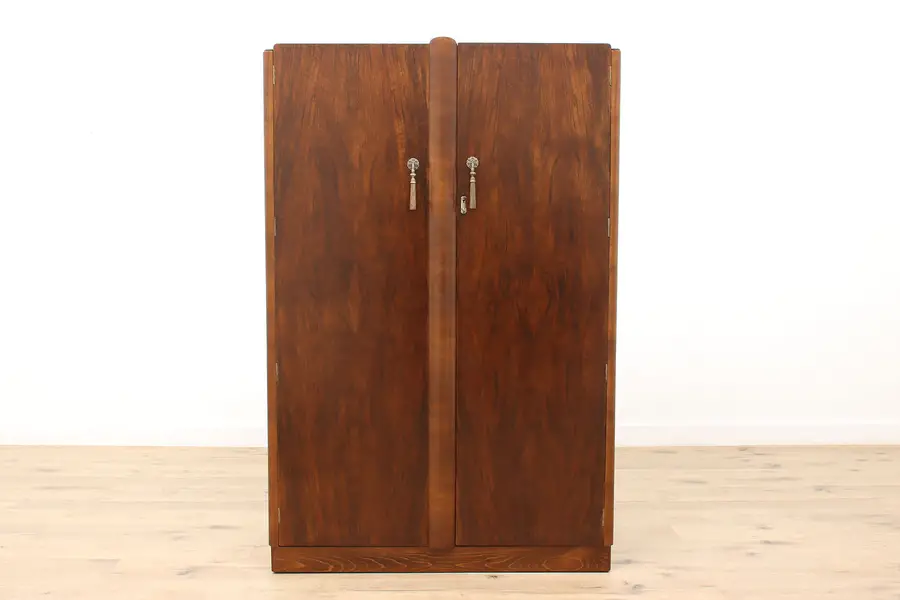 Photo of English Art Deco Vintage Figured Walnut Armoire, Wardrobe, or Closet