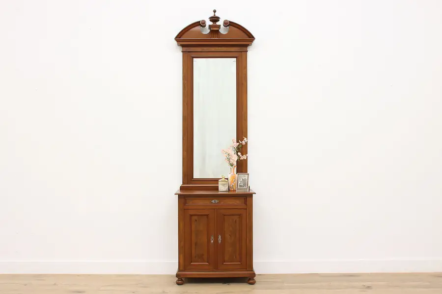 Photo of Victorian Antique Walnut & Burl Hall or Entryway Cabinet with Mirror