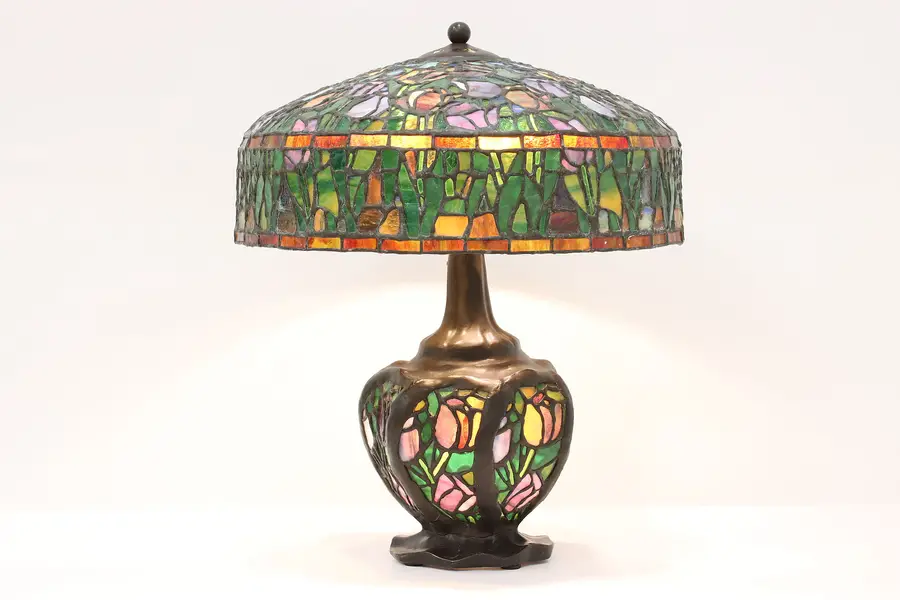 Photo of Art Nouveau Vintage Stained Glass Office or Library Lamp, Lighted Base