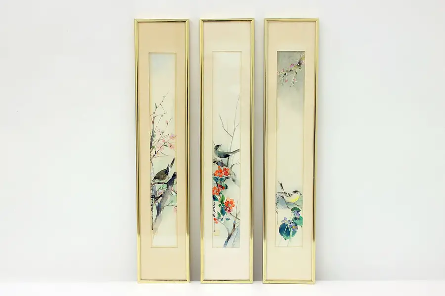 Photo of Set of 3 Asian Vintage Original Bird Watercolor Paintings, Signed 26.5"