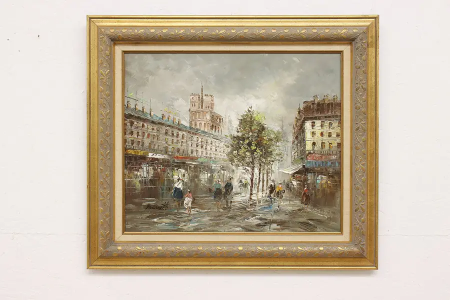 Photo of Paris Scene Vintage Original Oil Painting, Burnett 31.5"