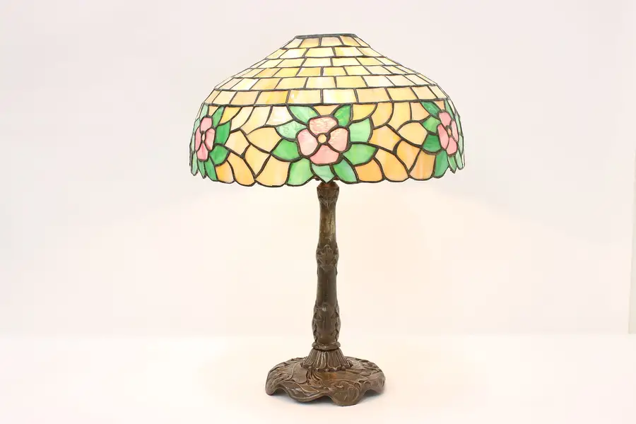 Photo of Art Nouveau Antique Leaded & Stained Glass Lamp, Flowers