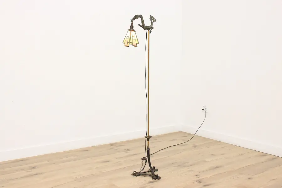 Photo of Dragon Antique Floor Reading or Bridge Lamp, Stained Glass