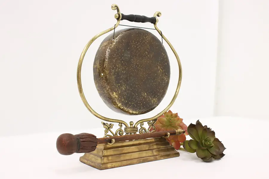 Photo of Chinese Antique Brass Hammered Dinner Gong & Leather Mallet