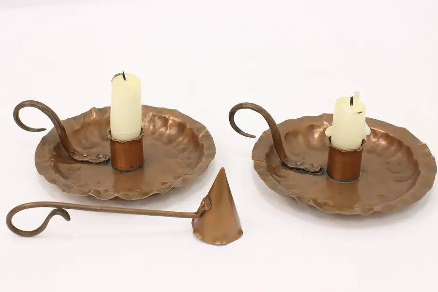 Photo of Pair of Farmhouse Antique Copper Candlesticks & Snuffer