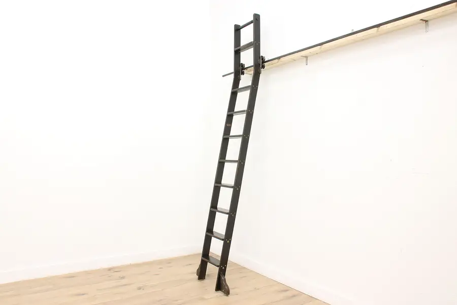 Photo of Oak Salvage Vintage Rolling Library Ladder & Track, Putnam