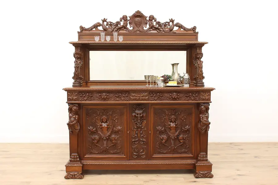 Photo of Renaissance Mahogany Antique Sideboard Buffet Server Dragons