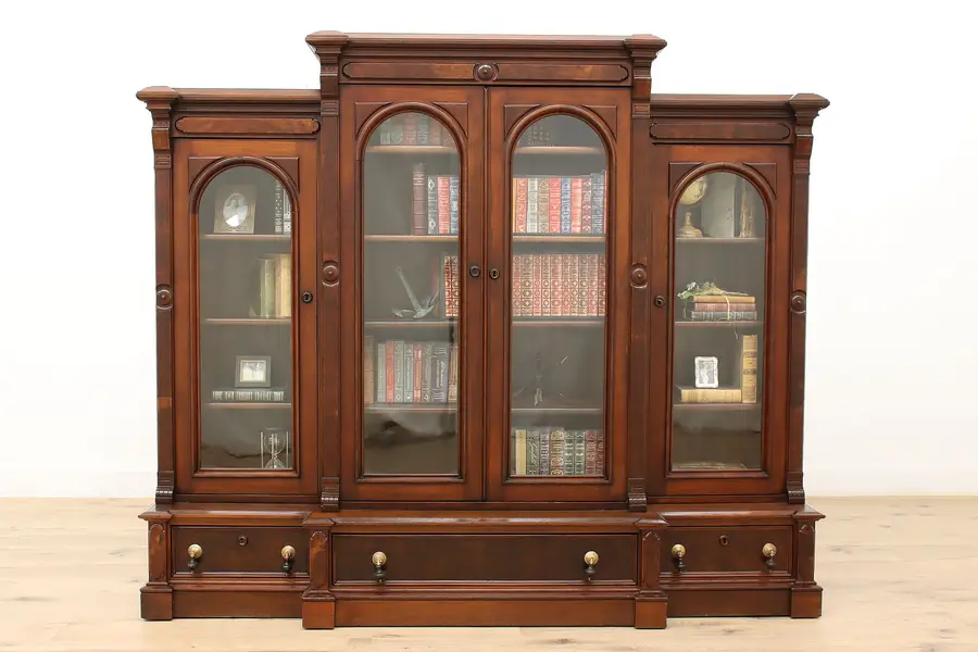 Photo of Victorian Antique Walnut & Burl 4 Door Office Bookcase