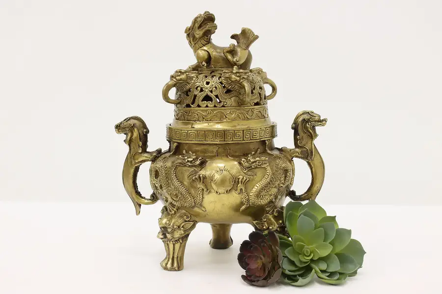 Photo of Chinese Antique Bronze Incense Burner, Foo Dogs & Dragons