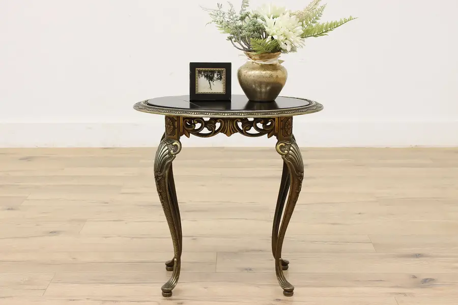 Photo of Art Deco Antique Iron & Glass Oval Side or End Table, Art