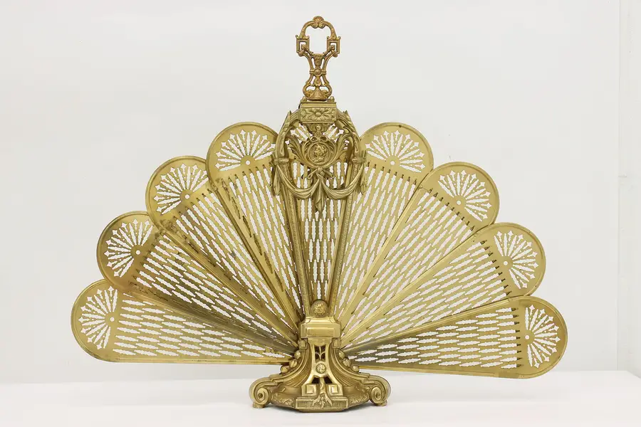 Photo of Victorian Design Vintage Brass Fireplace Peacock Fan Screen