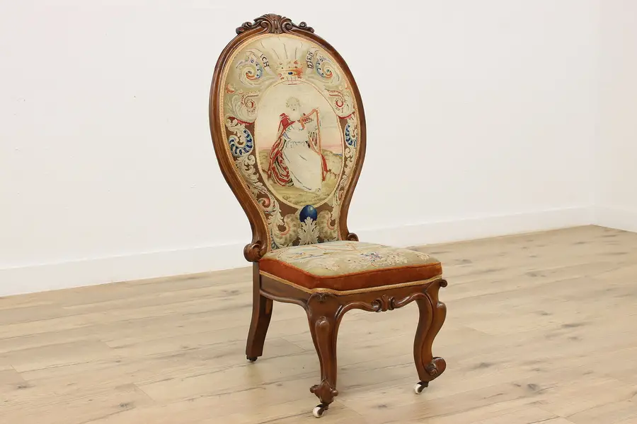 Photo of Victorian Antique Slipper Chair, Harp Petit Point Tapestry