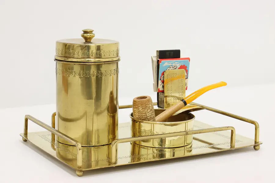 Photo of Art Deco Antique Brass 4 pc Smoking set, Bradley & Hubbard