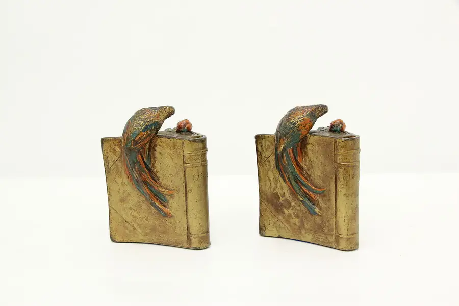 Photo of Pair of Antique Bronze Clad Parrot & Book Bookends