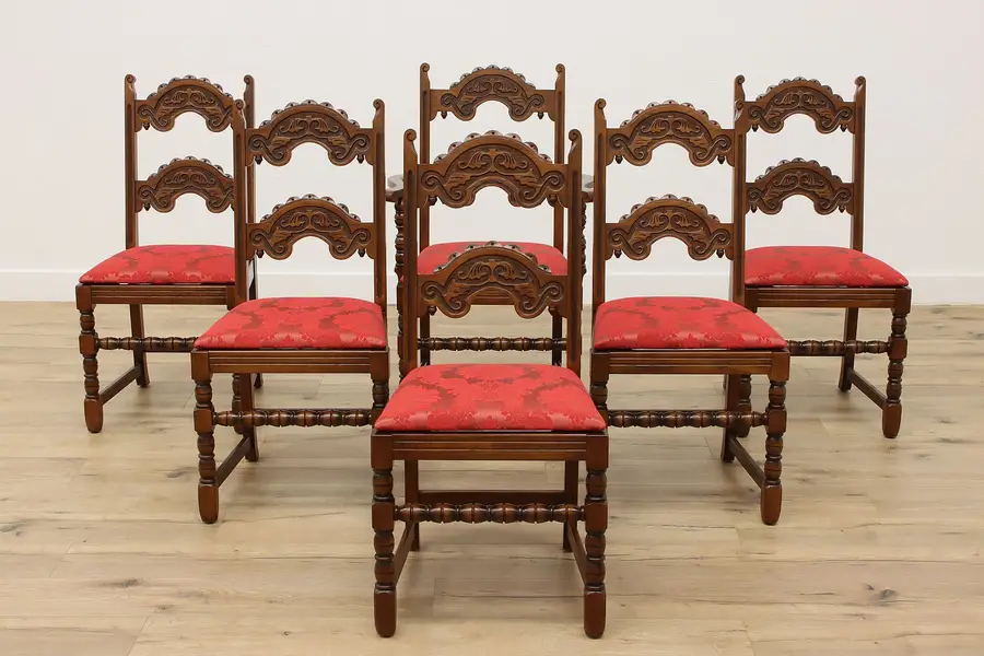 Photo of Set of 6 Tudor Vintage Oak Dining Chairs, New Upholstery