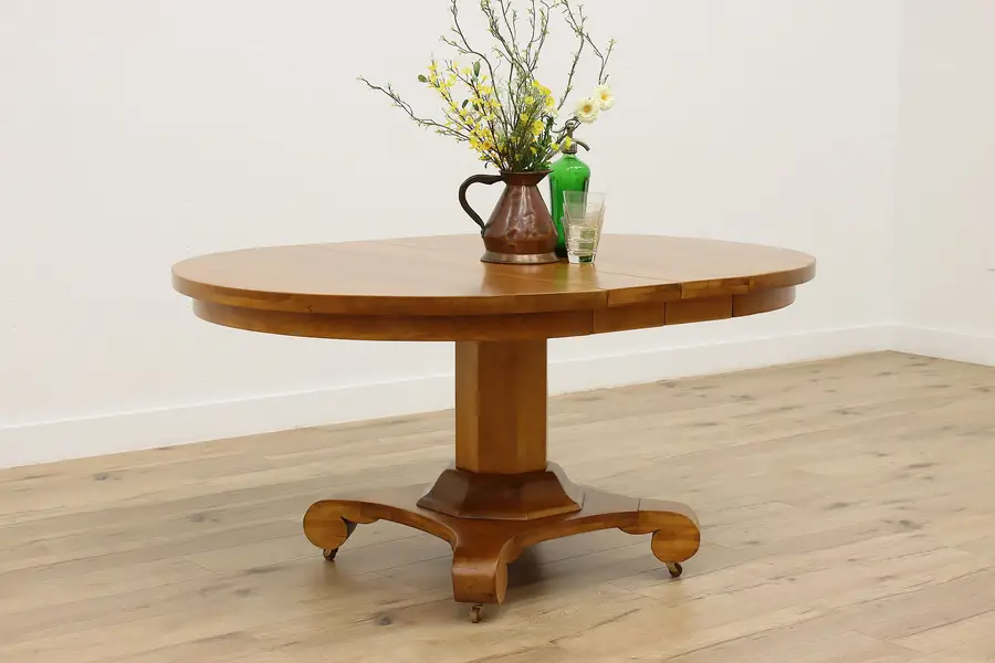 Photo of Round 46" Antique Birch Dining Table, 2 Leaves, Extends 62"