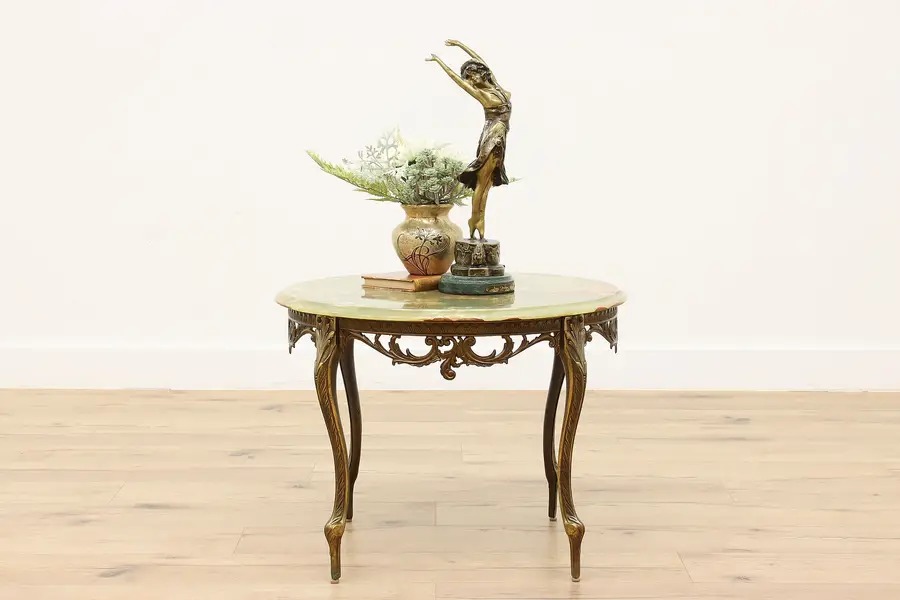 Photo of Onyx Top Antique Cast Brass Filigree Base Coffee Table