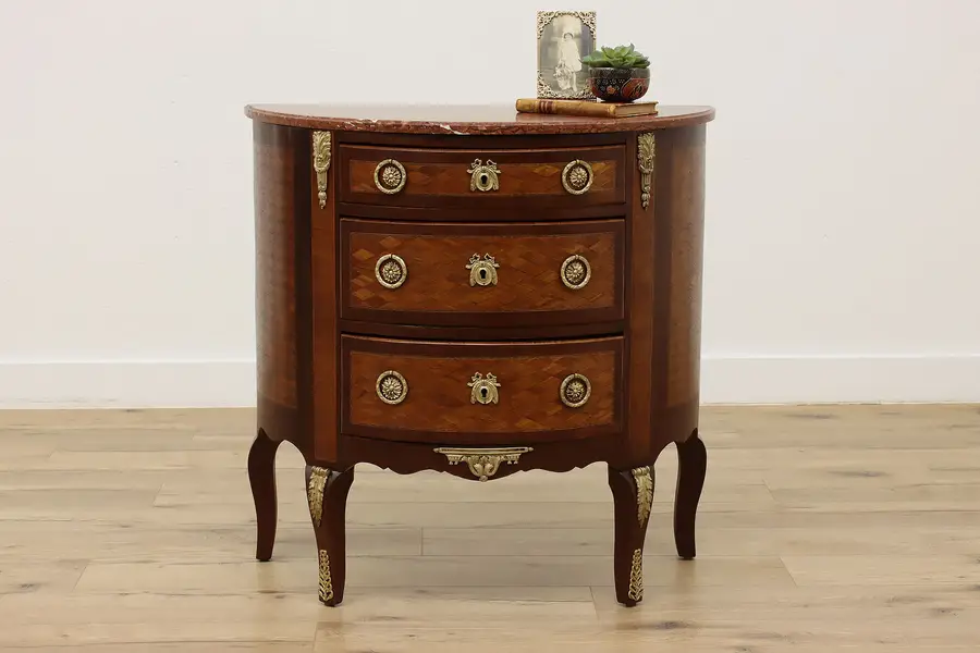 Photo of French Antique Marquetry Demilune Hall Console, Marble Top