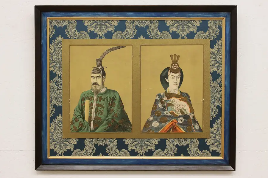 Photo of Japanese Emperors Vintage Ink on Paper Double Portrait 34.5"
