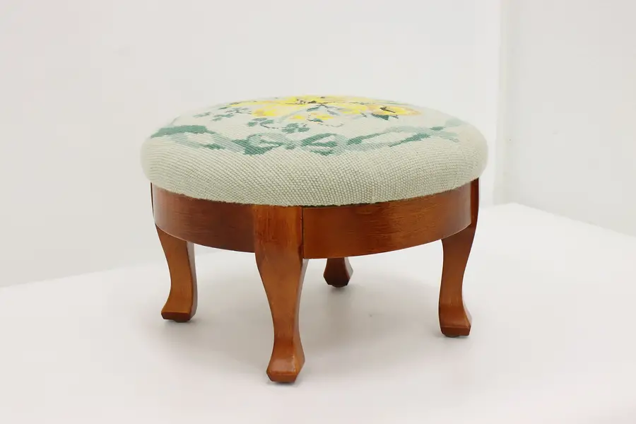 Photo of Yellow Lily Needlepoint Upholstery Vintage Birch Footstool