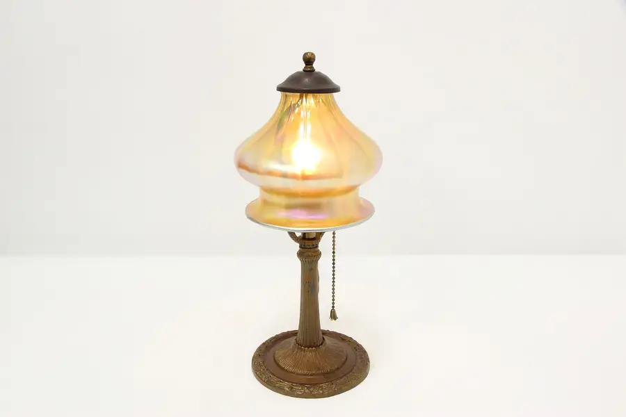 Photo of Gilt Iron Antique Boudoir or Desk Lamp, Art Glass Shade