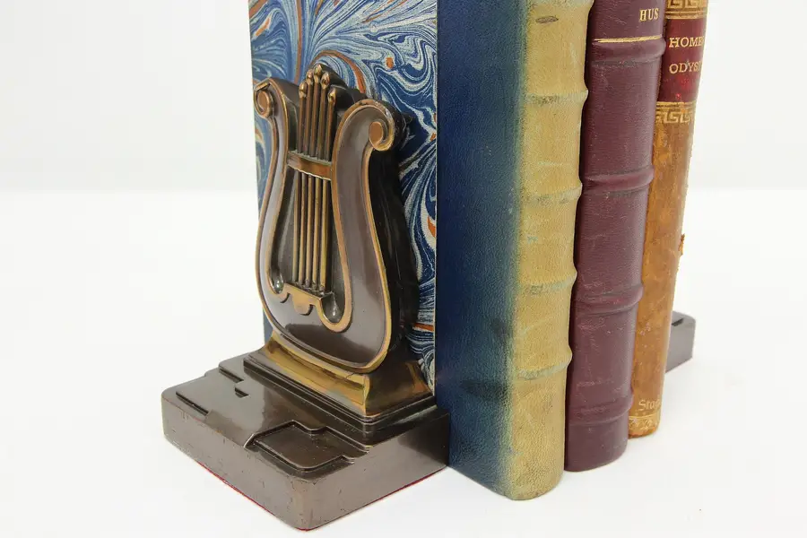 Photo of Pair Vintage Bronze Finish Harp Lyre Bookends Philadelphia
