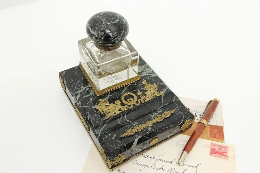 Photo of Classical French Antique Crystal Marble Bronze Desk Inkwell