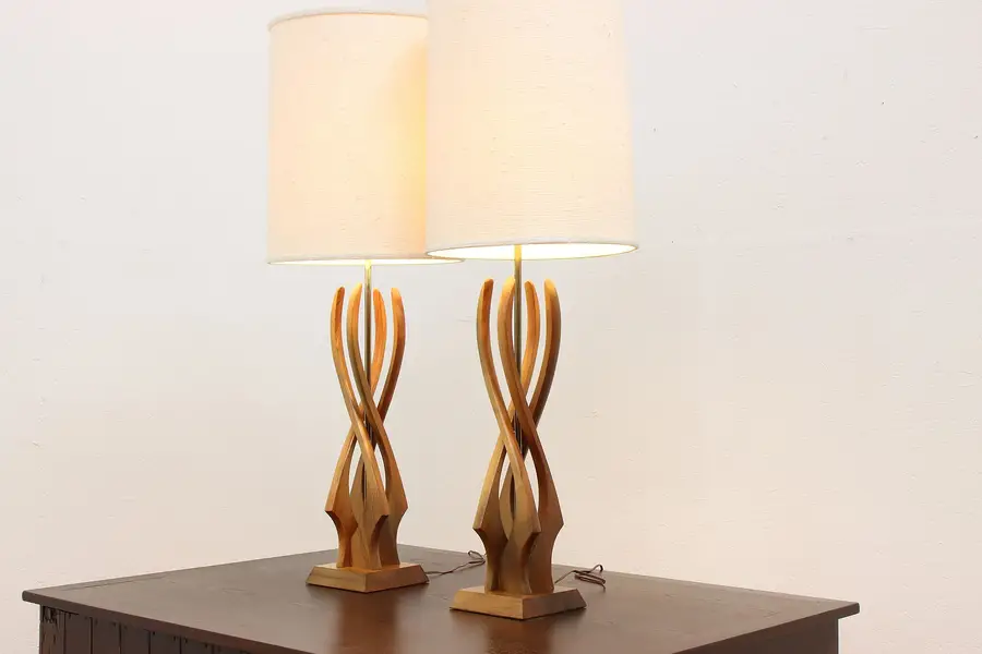 Photo of Pair of Midcentury Modern 60s Vintage Walnut Table Lamps