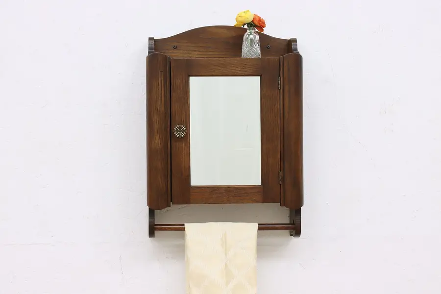 Photo of Victorian Antique Oak Medicine Chest Bath Cabinet Towel Bar