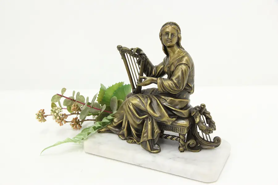Photo of Harpist Vintage Bronze Sculpture on Marble Base