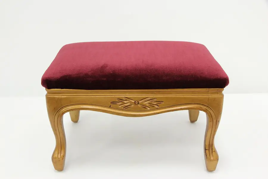 Photo of Traditional Vintage Carved Gilt Footstool, Velvet Upholstery