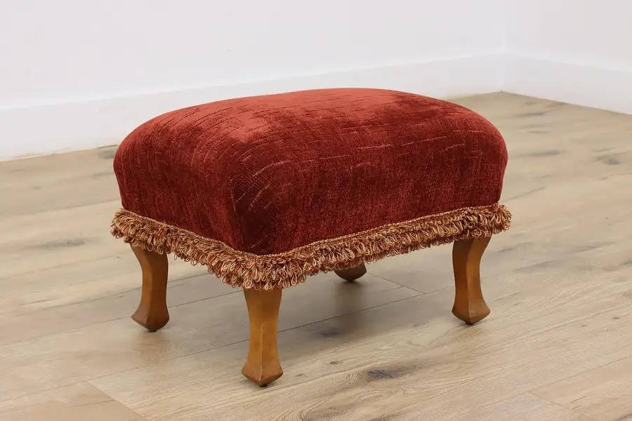 Photo of Carved Walnut Vintage Footstool, Red Upholstery & Fringe