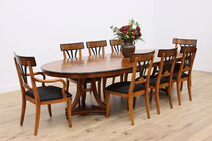 Photo of Empire Vintage Marquetry Dining Table, 8 Chairs, Century