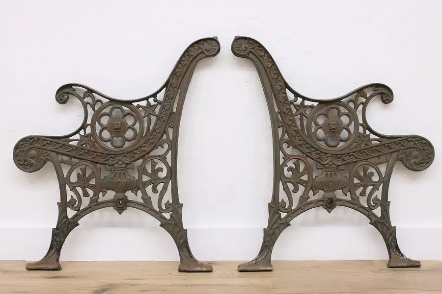 Photo of Victorian Antique Salvage Cast Iron Bench Ends, Lion Heads