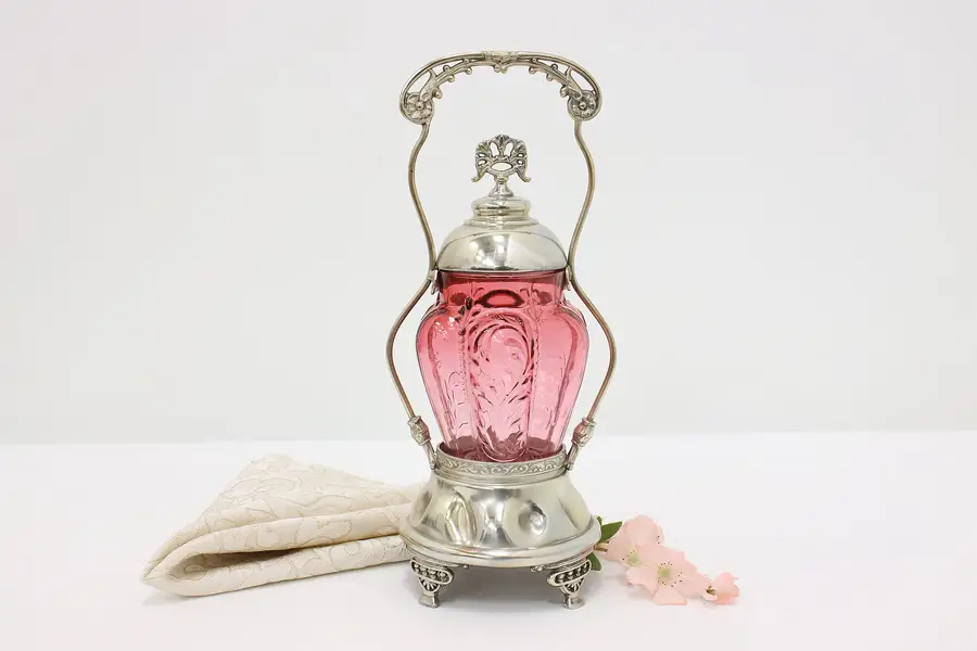 Photo of Victorian Antique Silverplate & Cranberry Glass Pickle Jar