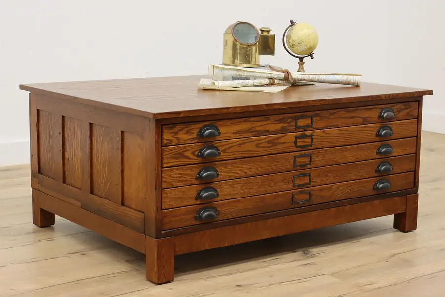 Photo of Industrial Antique Oak 5 Drawer Map File Chest Coffee Table