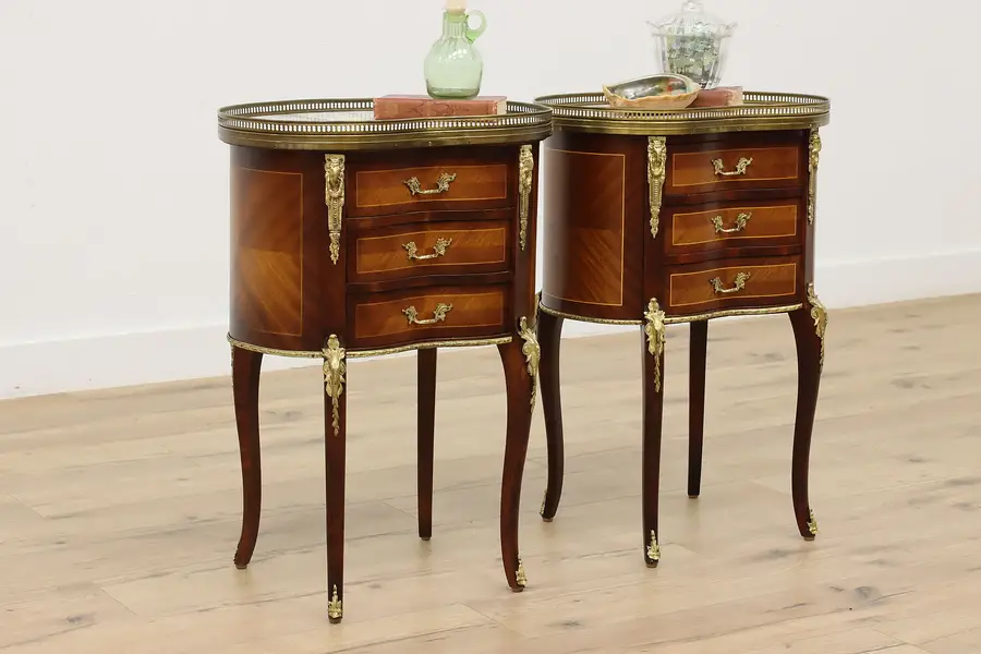 Photo of Pair of French Vintage Kidney Nightstands, End Tables Marble