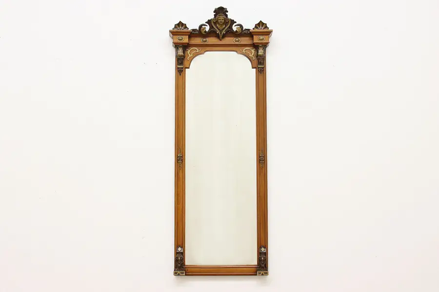 Photo of Victorian Antique Walnut Hall Entryway Mirror, Carved Head
