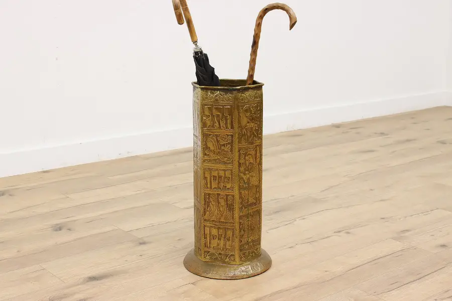 Photo of Brass Antique Umbrella Hall Stand, Embossed Egyptian Motifs