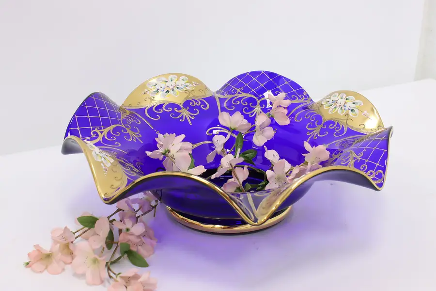 Photo of Cobalt & Gold Murano Art Glass Vintage 15" Centerpiece Bowl