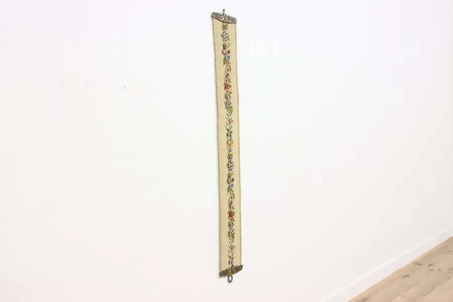 Photo of Needlepoint Tapestry Vintage Bell Pull Brass Mounts