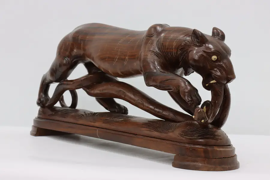 Photo of Tiger Fighting Python Vintage Chinese Rosewood Sculpture